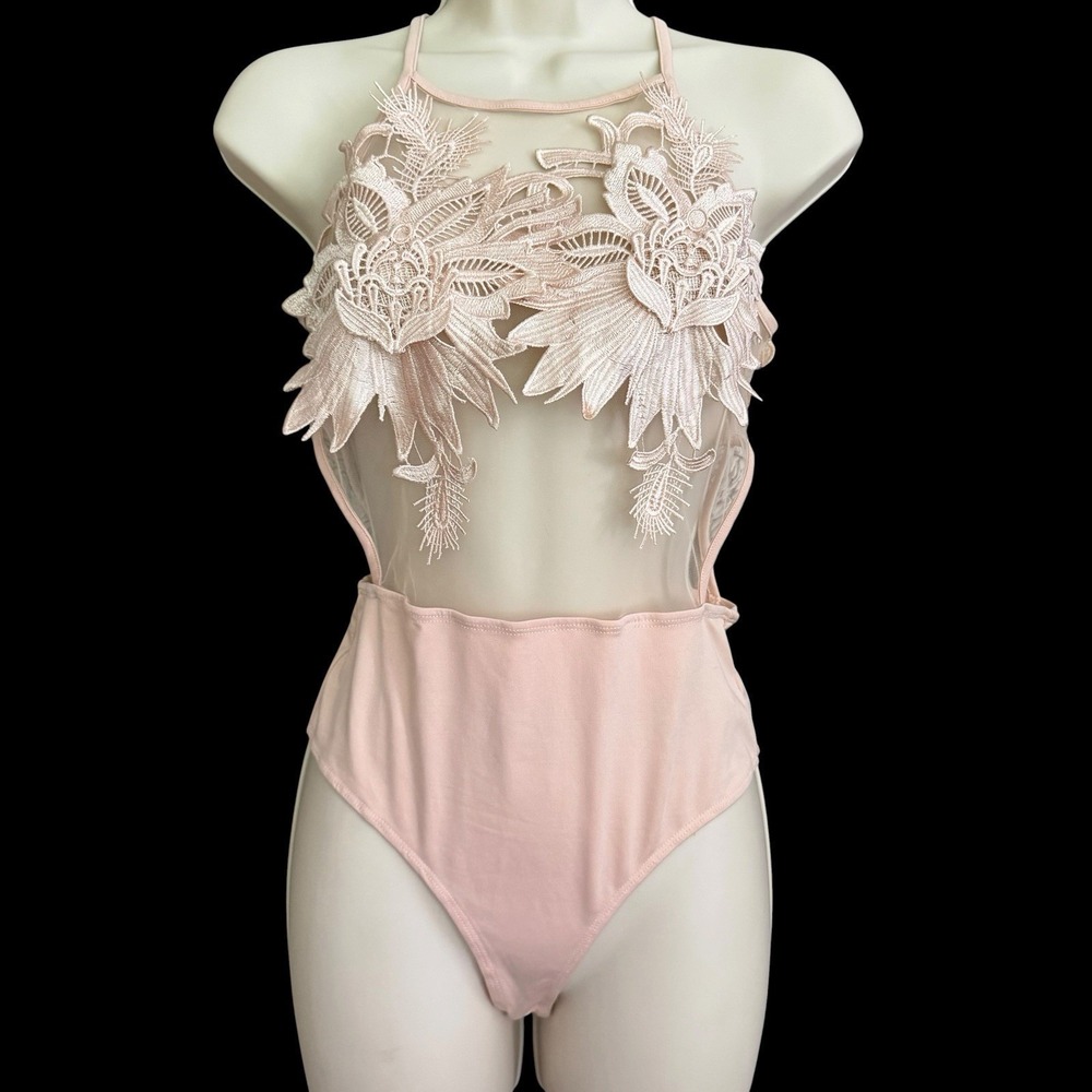Forever 21 Floral Applique Thong Bodysuit Sz S• Blush Coquette Fairycore Boudoir